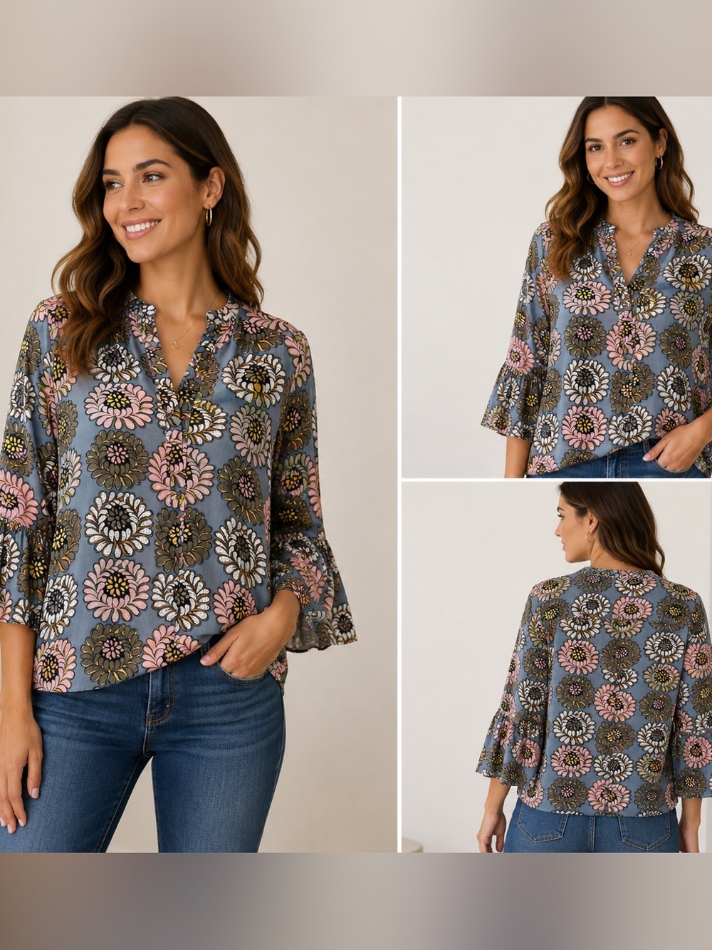 LOFT The Softened Shirt Blouse Women’s M Blue Floral‎ Bell Sleeve Popover Top